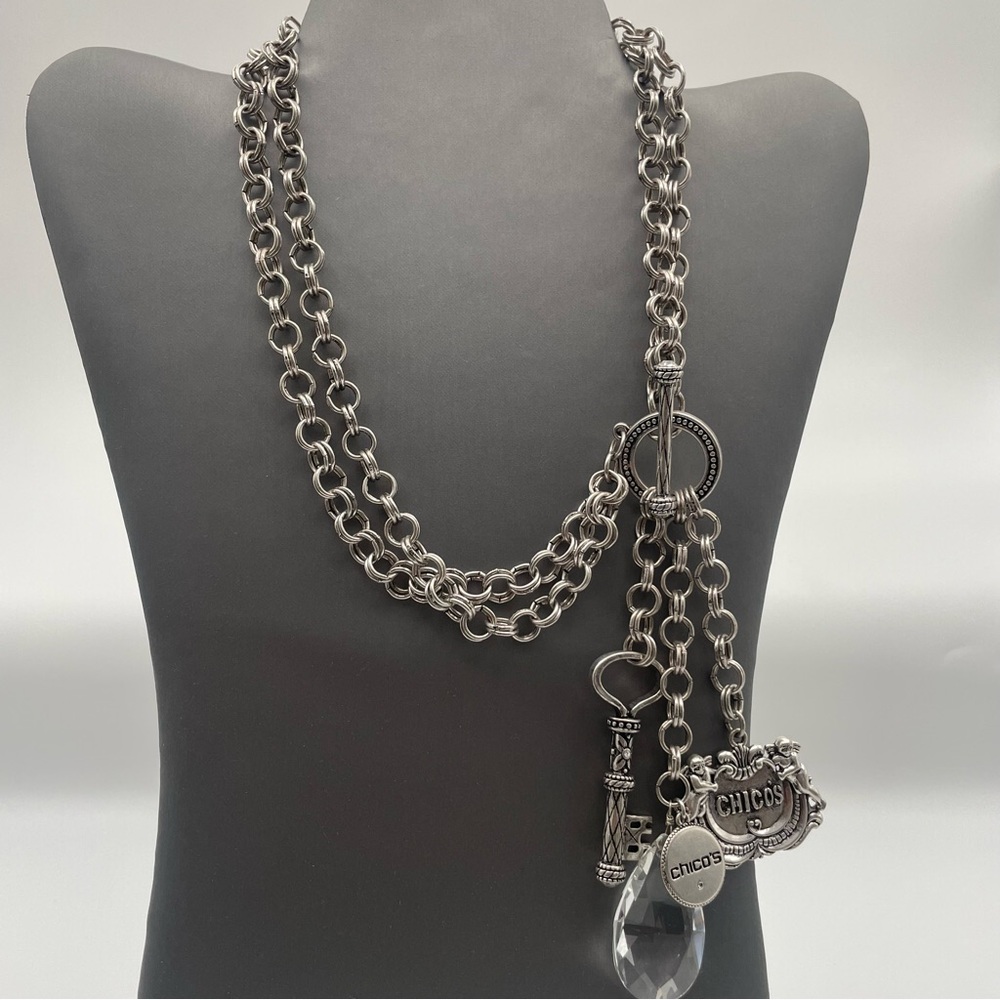 Chico's 35th Anniversary Silver Tone Double Chain Necklace with Charms Pendants
